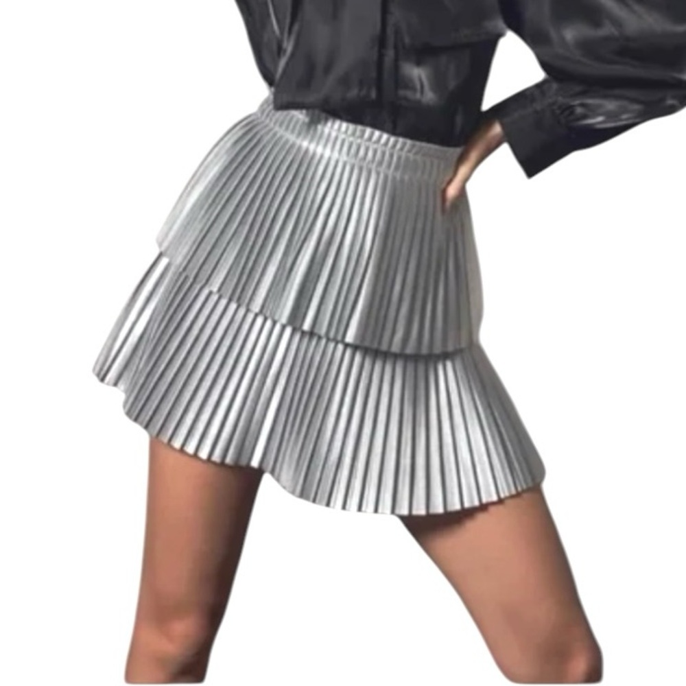 Endless Rose PU Pleated Layered silver mini skirt S
